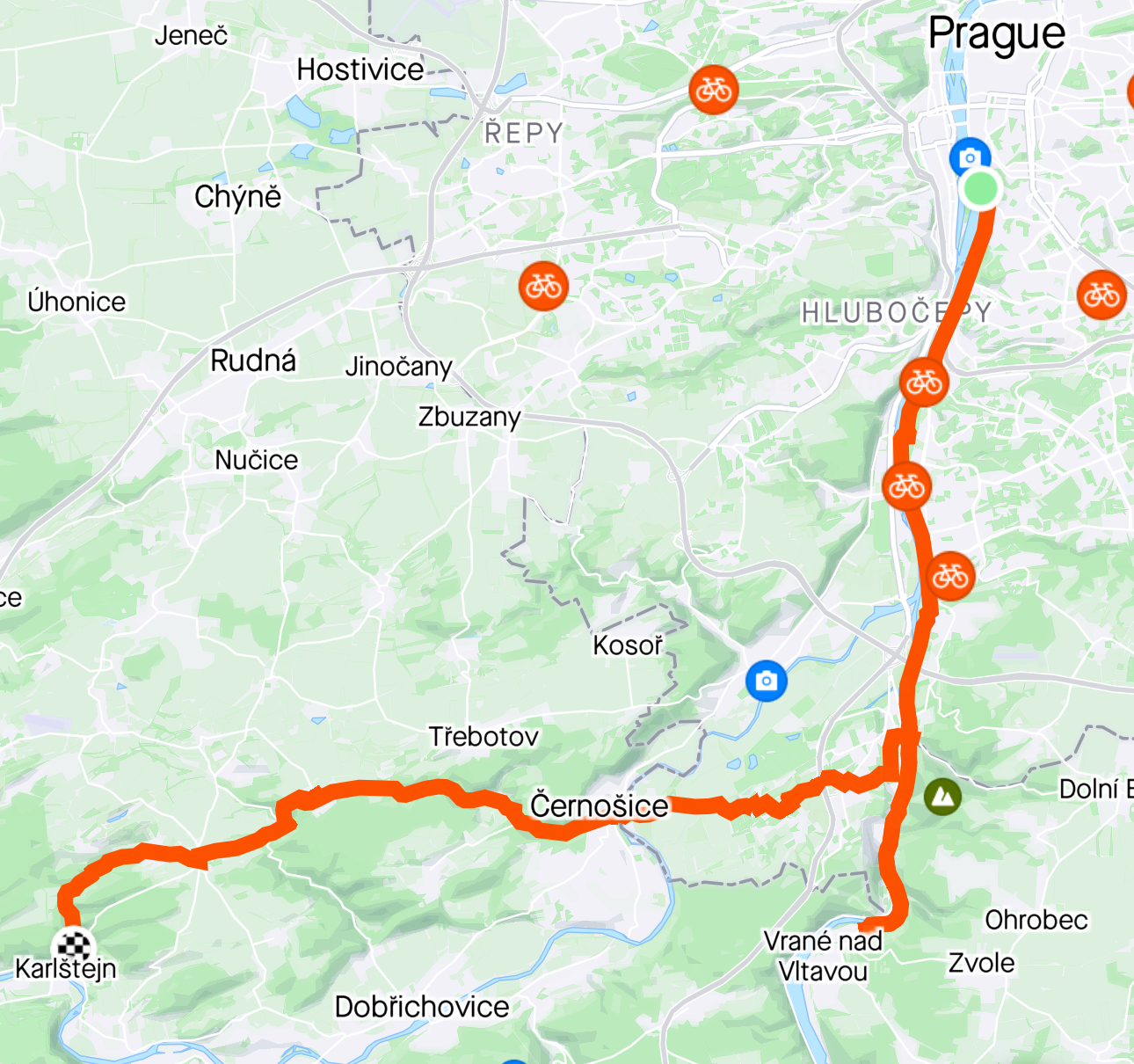 a strava map of the bike trip from prague to karlštejn