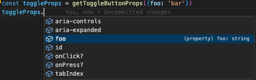 TypeScript VSCode snippet reflecting the rest prop being present in the return value