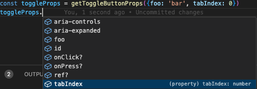 TypeScript VSCode snippet reflecting the tabIndex prop type being number in the returned value due to type override