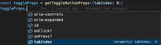 TypeScript VSCode snippet reflecting the tabIndex prop type being -1 though it has the value 0